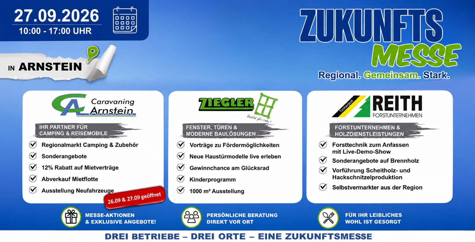 Im Vordergrund steht ein großformatiges Banner mit blauem Hintergrund und weißen Flächen. Links oben ist ein Datum mit Uhrzeit angegeben. Darunter befindet sich ein gelber Kreis mit einem Ortsnamen. Drei nebeneinander angeordnete Informationsfelder präsentieren Angebote und Leistungen von drei Unternehmen. Jedes Feld enthält ein Logo, eine Liste mit Leistungen und einen farbigen Akzent. Rechts oben ist ein großer Schriftzug mit dem Titel der Veranstaltung zu sehen. Am unteren Rand steht ein Slogan auf einem blauen Balken.